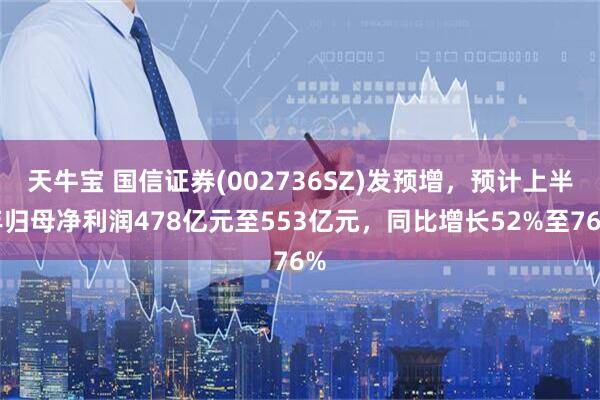 天牛宝 国信证券(002736SZ)发预增,预计上半年归母净利润478亿元至553亿元,同比增长52%至76%